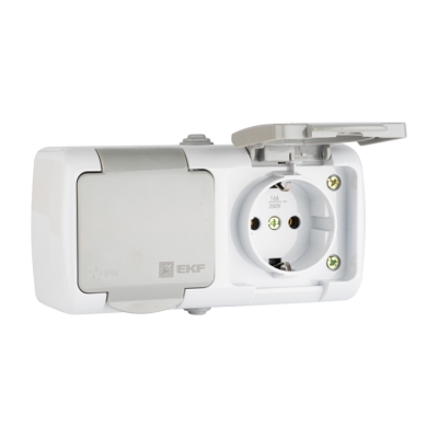 Розетка 2-местная 16А с з/к с крышкой IP54 серый с защит. штор. EKF (5/60)